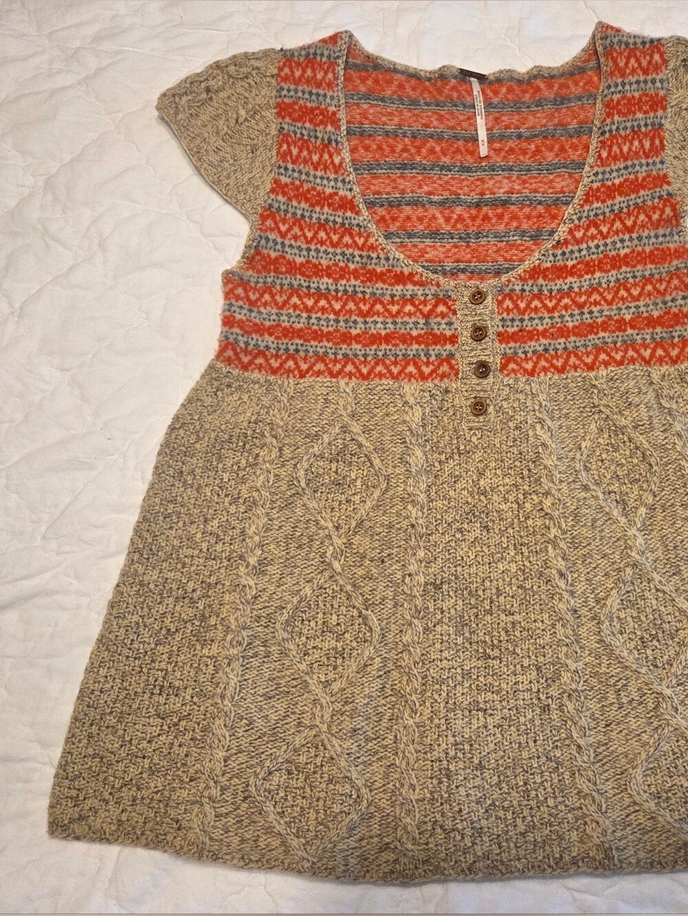 ​Free People Fair Isle Cable Knit Short Sleeve Henley Sweater Top - Medium